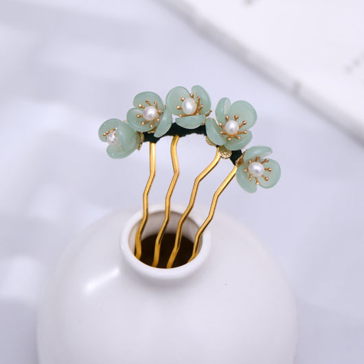 Tocado Hanfu Artesanal con Horquilla de Flores y Perlas - Accesorio Antiguo para el Cabello - Image 3