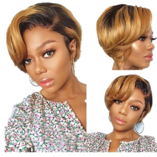 Peluca Corta Degradada Negra y Marrón - Cabello Liso Realista Estilo Europeo Americano