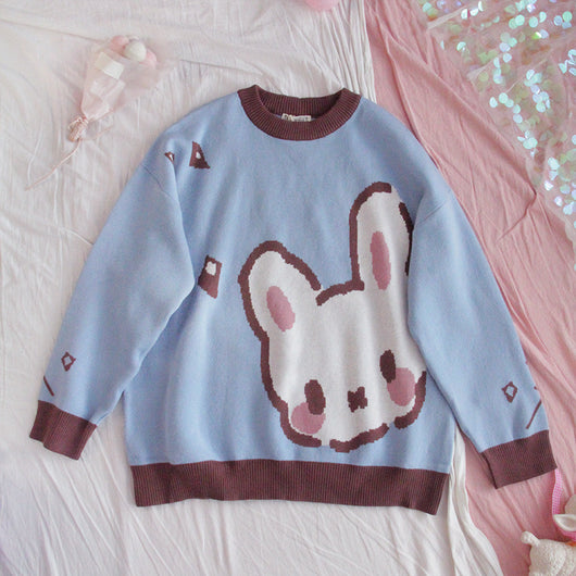 Suéter Holgado Estilo Harajuku para Niña - Jersey Suave Conejo Soft Girl Cuello Redondo