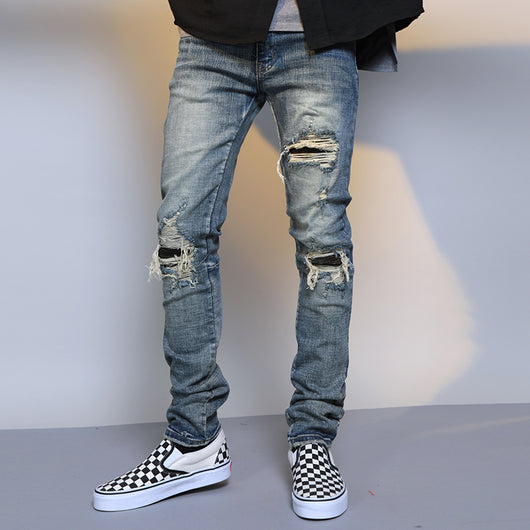 Pantalones Vaqueros Azul Desgastado con Roturas para Hombre