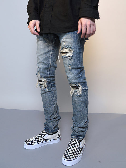 Pantalones Vaqueros Azul Desgastado con Roturas para Hombre - Image 3