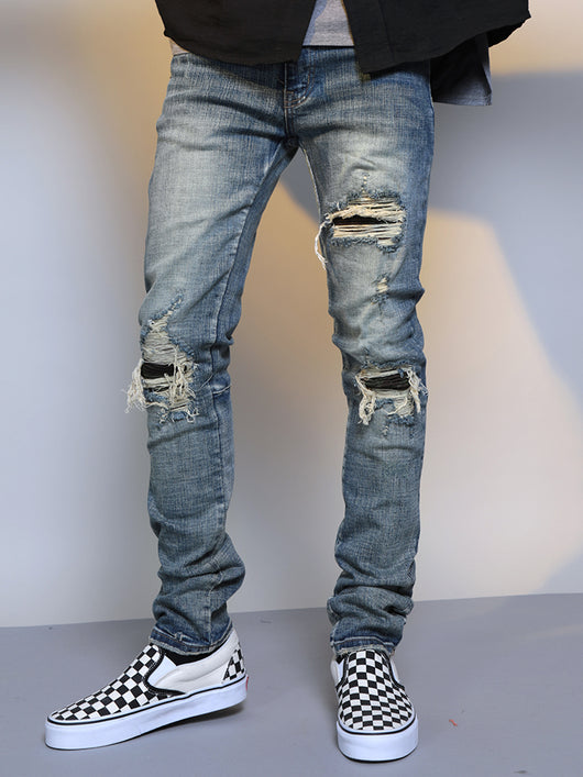 Pantalones Vaqueros Azul Desgastado con Roturas para Hombre - Image 4