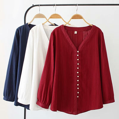 Blusa Larga Escotada para Tallas Grandes - Abotonada Clásica para Otoño - Image 10