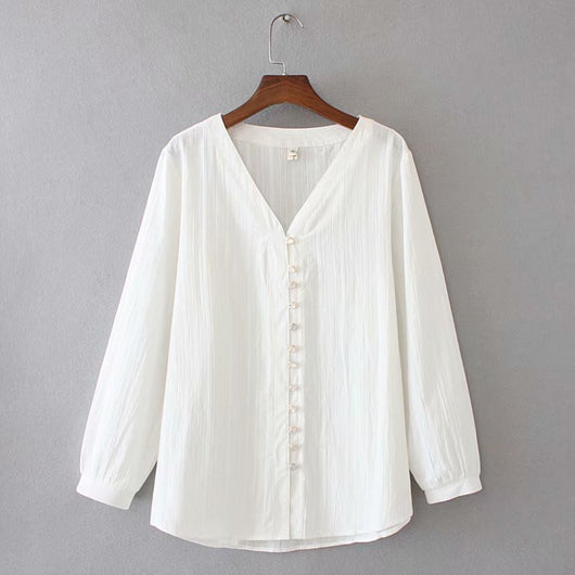 Blusa Larga Escotada para Tallas Grandes - Abotonada Clásica para Otoño - Image 4