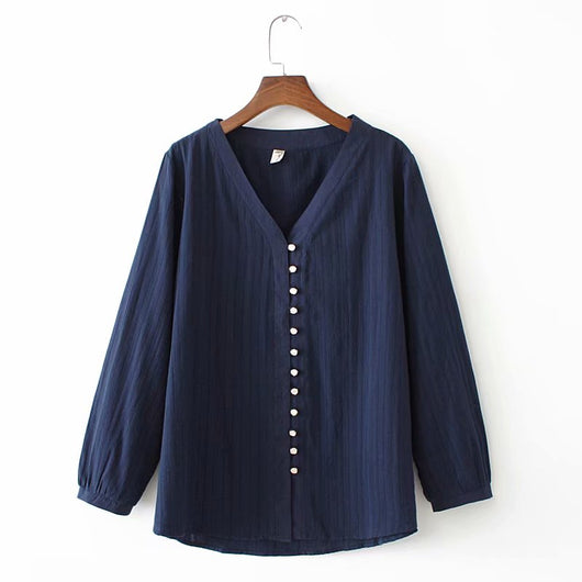 Blusa Larga Escotada para Tallas Grandes - Abotonada Clásica para Otoño - Image 3