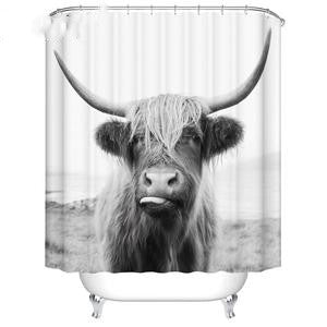 Black and white shower curtain with a close-up of a shaggy Highland cow sticking its tongue out. - Image 9
