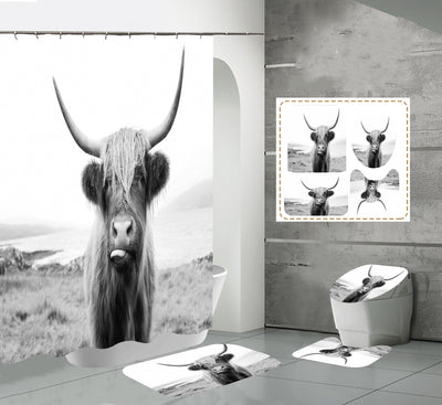 Black and white shower curtain with a close-up of a shaggy Highland cow sticking its tongue out. - Image 2