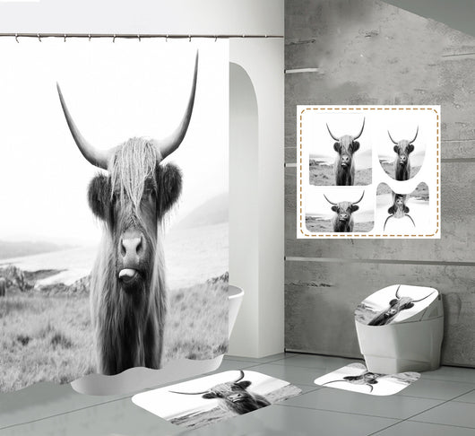 Black and white shower curtain with a close-up of a shaggy Highland cow sticking its tongue out. - Image 2