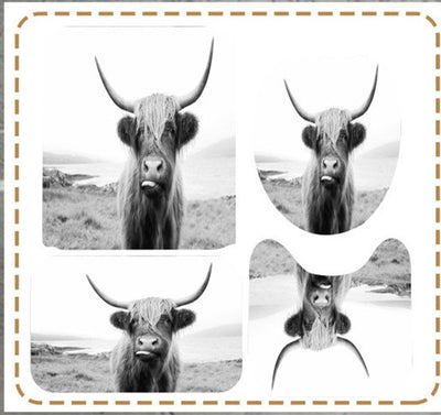Black and white shower curtain with a close-up of a shaggy Highland cow sticking its tongue out. - Image 3