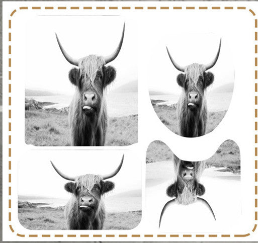 Black and white shower curtain with a close-up of a shaggy Highland cow sticking its tongue out. - Image 3