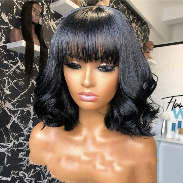Peluca Corta Rizada Negra con Flequillo - Cabello Sintético Ondulado