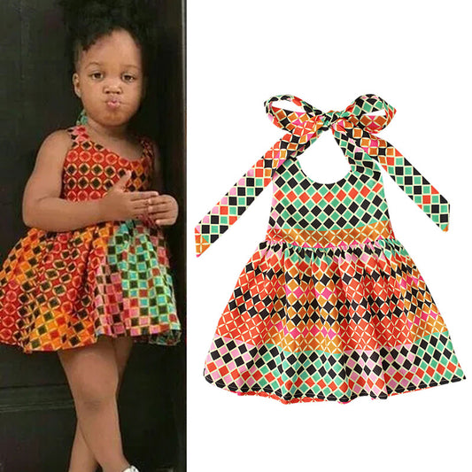 Vestido Bohemio Africano Halter con Encaje y Lazo