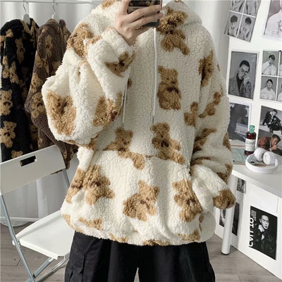 Sudadera con Capucha Hombre Estilo Coreano Estampado Cartoon Forro Borreguito Grueso Oversize - Image 10