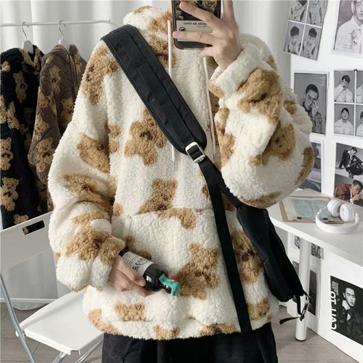Sudadera con Capucha Hombre Estilo Coreano Estampado Cartoon Forro Borreguito Grueso Oversize - Image 7