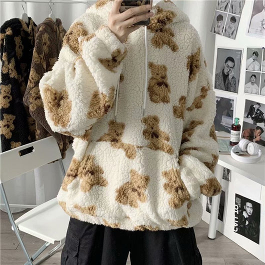 Sudadera con Capucha Hombre Estilo Coreano Estampado Cartoon Forro Borreguito Grueso Oversize - Image 4