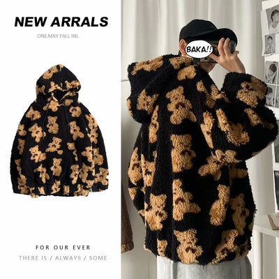 Sudadera con Capucha Hombre Estilo Coreano Estampado Cartoon Forro Borreguito Grueso Oversize - Image 6