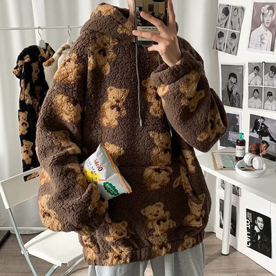 Sudadera con Capucha Hombre Estilo Coreano Estampado Cartoon Forro Borreguito Grueso Oversize - Image 3