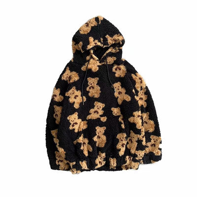 Sudadera con Capucha Hombre Estilo Coreano Estampado Cartoon Forro Borreguito Grueso Oversize - Image 5