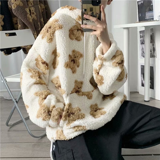 Sudadera con Capucha Hombre Estilo Coreano Estampado Cartoon Forro Borreguito Grueso Oversize
