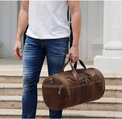 Bolsa de Viaje Cuero Crazy Horse Estilo Retro Europeo - Gran Capacidad para Gym y Aventuras - Image 12