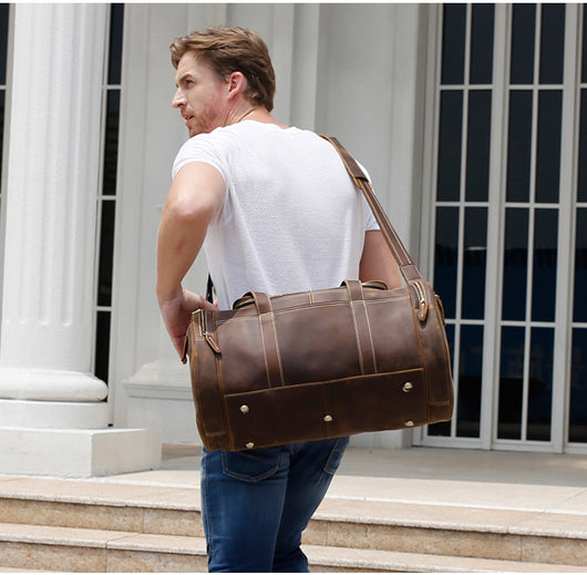 Bolsa de Viaje Cuero Crazy Horse Estilo Retro Europeo - Gran Capacidad para Gym y Aventuras - Image 9