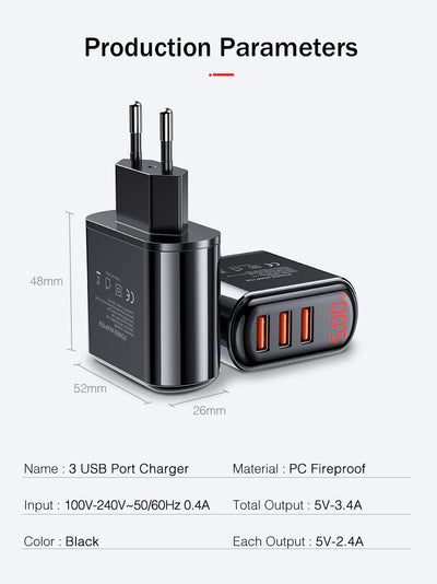 Cargador USB Triple Puerto con Pantalla LED - Carga Rápida 3.4A - Image 11