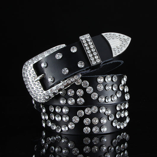 Cinturón de Cuero Negro y Blanco Ancho con Cristales y Diamantes - Image 17