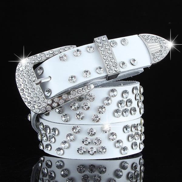 Cinturón de Cuero Negro y Blanco Ancho con Cristales y Diamantes