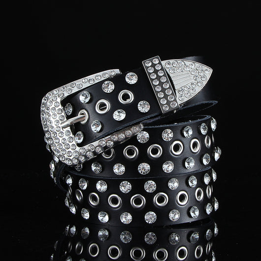 Cinturón de Cuero Negro y Blanco Ancho con Cristales y Diamantes - Image 11