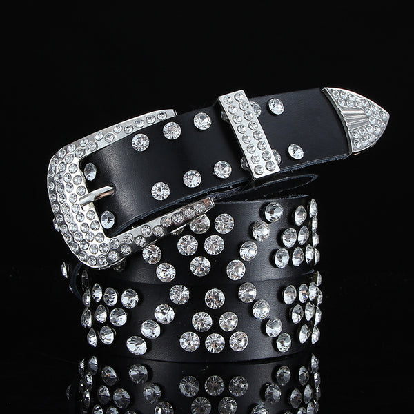 Cinturón de Cuero Negro y Blanco Ancho con Cristales y Diamantes