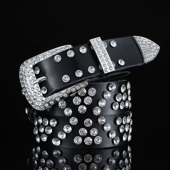Cinturón de Cuero Negro y Blanco Ancho con Cristales y Diamantes