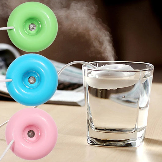 Bright blue donut-shaped mini portable USB air humidifier purifier with a white central filter and silver button. - Image 11