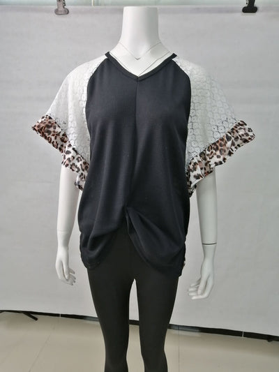 Blusa Patchwork de Leopardo Mujer Cuello V Suelta Manga Murciélago - Image 11