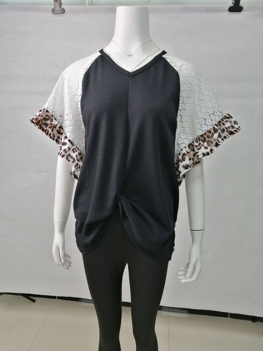 Blusa Patchwork de Leopardo Mujer Cuello V Suelta Manga Murciélago - Image 11