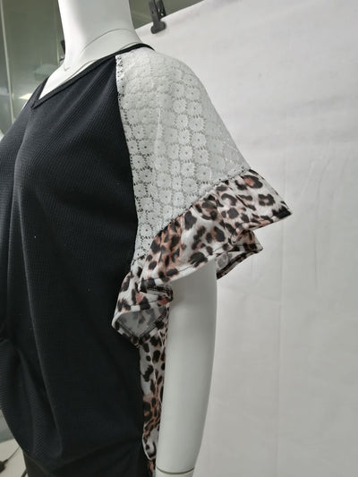 Blusa Patchwork de Leopardo Mujer Cuello V Suelta Manga Murciélago - Image 12