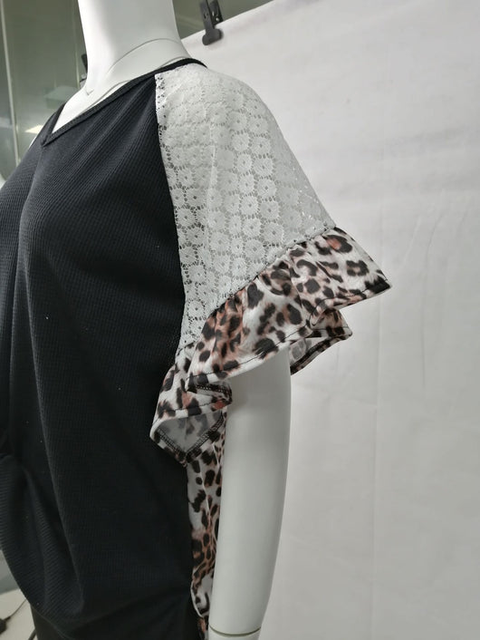 Blusa Patchwork de Leopardo Mujer Cuello V Suelta Manga Murciélago - Image 12