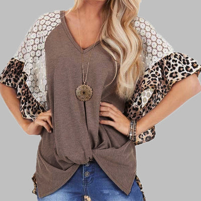 Blusa Patchwork de Leopardo Mujer Cuello V Suelta Manga Murciélago - Image 3