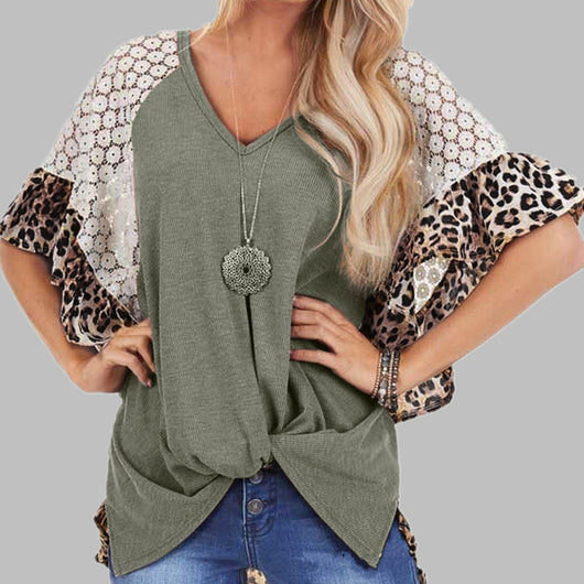 Blusa Patchwork de Leopardo Mujer Cuello V Suelta Manga Murciélago - Image 4
