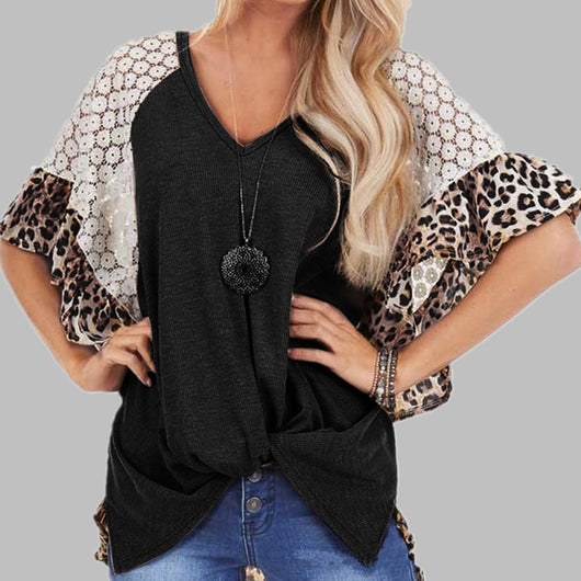 Blusa Patchwork de Leopardo Mujer Cuello V Suelta Manga Murciélago