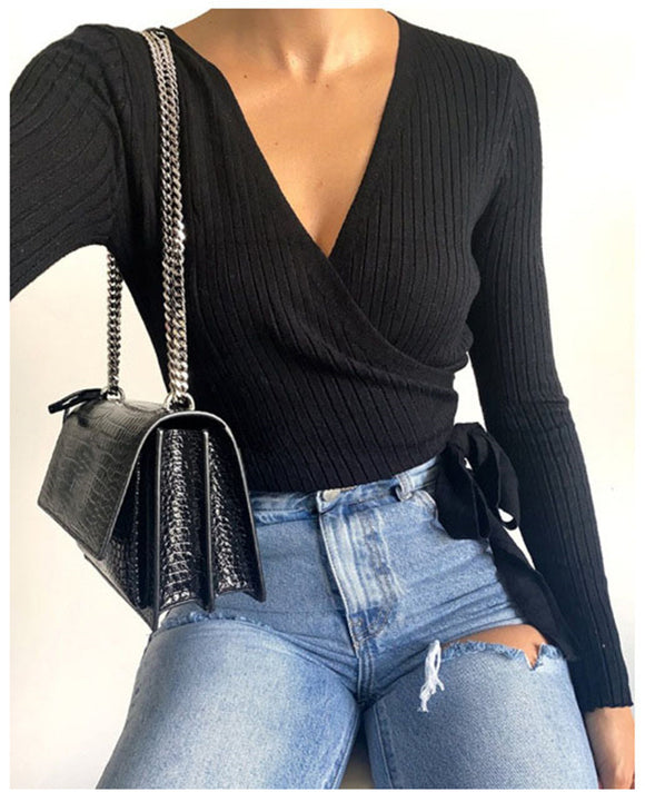 Suéter Mujer Cuello V con Cordones y Encaje Manga Larga