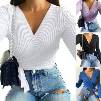 Suéter Mujer Cuello V con Cordones y Encaje Manga Larga