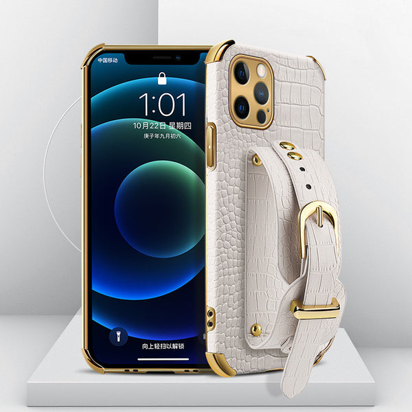 Funda para iPhone con Correa de Muñeca y Textura de Piel de Cocodrilo