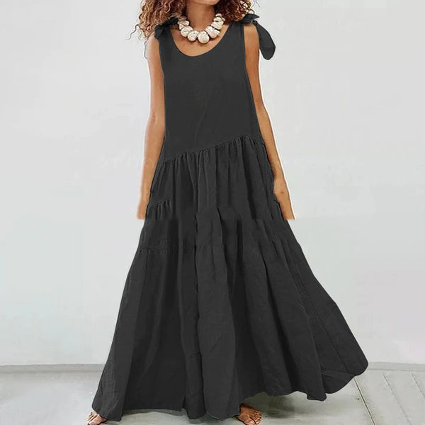 Vestido Talla Grande Escote en V sin Mangas con Costuras de Diseño
