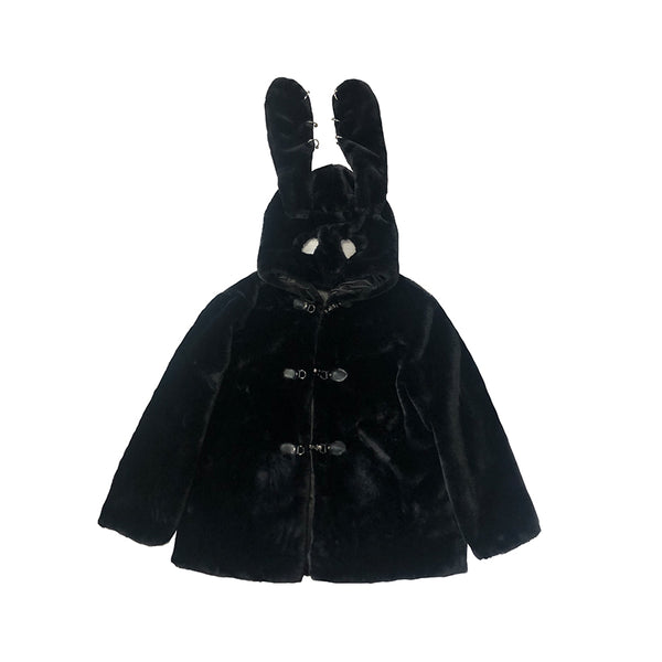Abrigo Punk Dark Black con Capucha de Orejas de Conejo - Chaqueta de Algodón Grueso y Suave