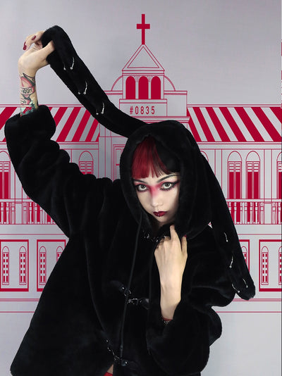 Abrigo Punk Dark Black con Capucha de Orejas de Conejo - Chaqueta de Algodón Grueso y Suave
