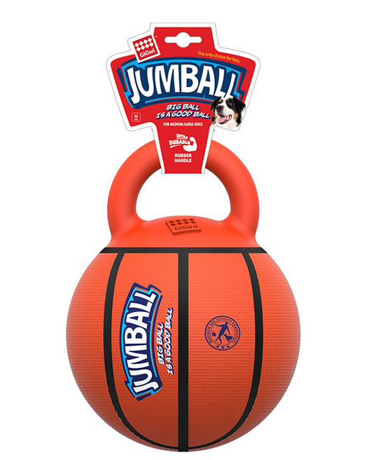 Orange basketball dog toy with a kettlebell-style handle, labeled GiGwi Jumball, for medium to large dogs. - Image 10