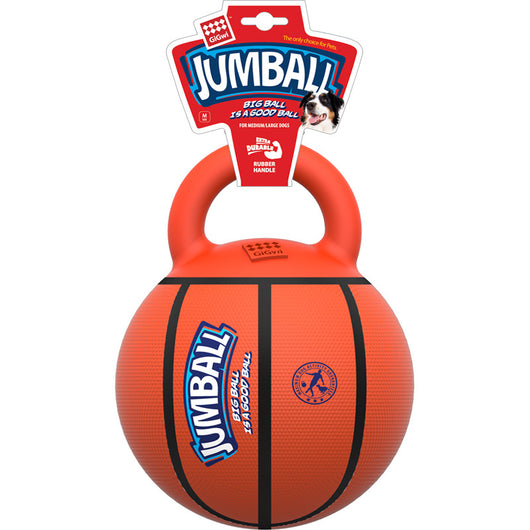 Orange basketball dog toy with a kettlebell-style handle, labeled GiGwi Jumball, for medium to large dogs. - Image 5