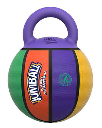 Orange basketball dog toy with a kettlebell-style handle, labeled GiGwi Jumball, for medium to large dogs. - Image 4
