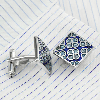 Gemelos Trébol de Cuatro Hojas Azul Cielo con Patrón Cuadrado para Hombre - Image 9