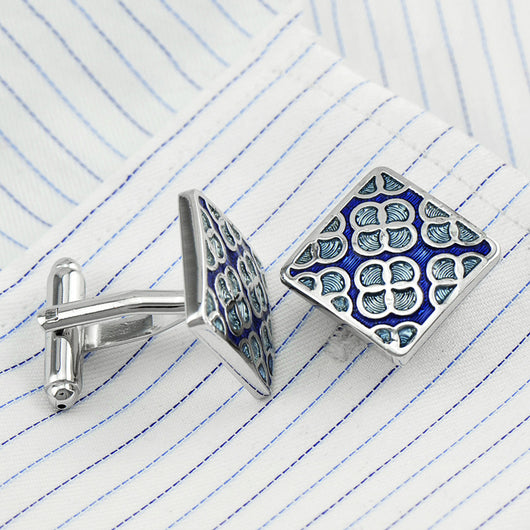 Gemelos Trébol de Cuatro Hojas Azul Cielo con Patrón Cuadrado para Hombre - Image 9